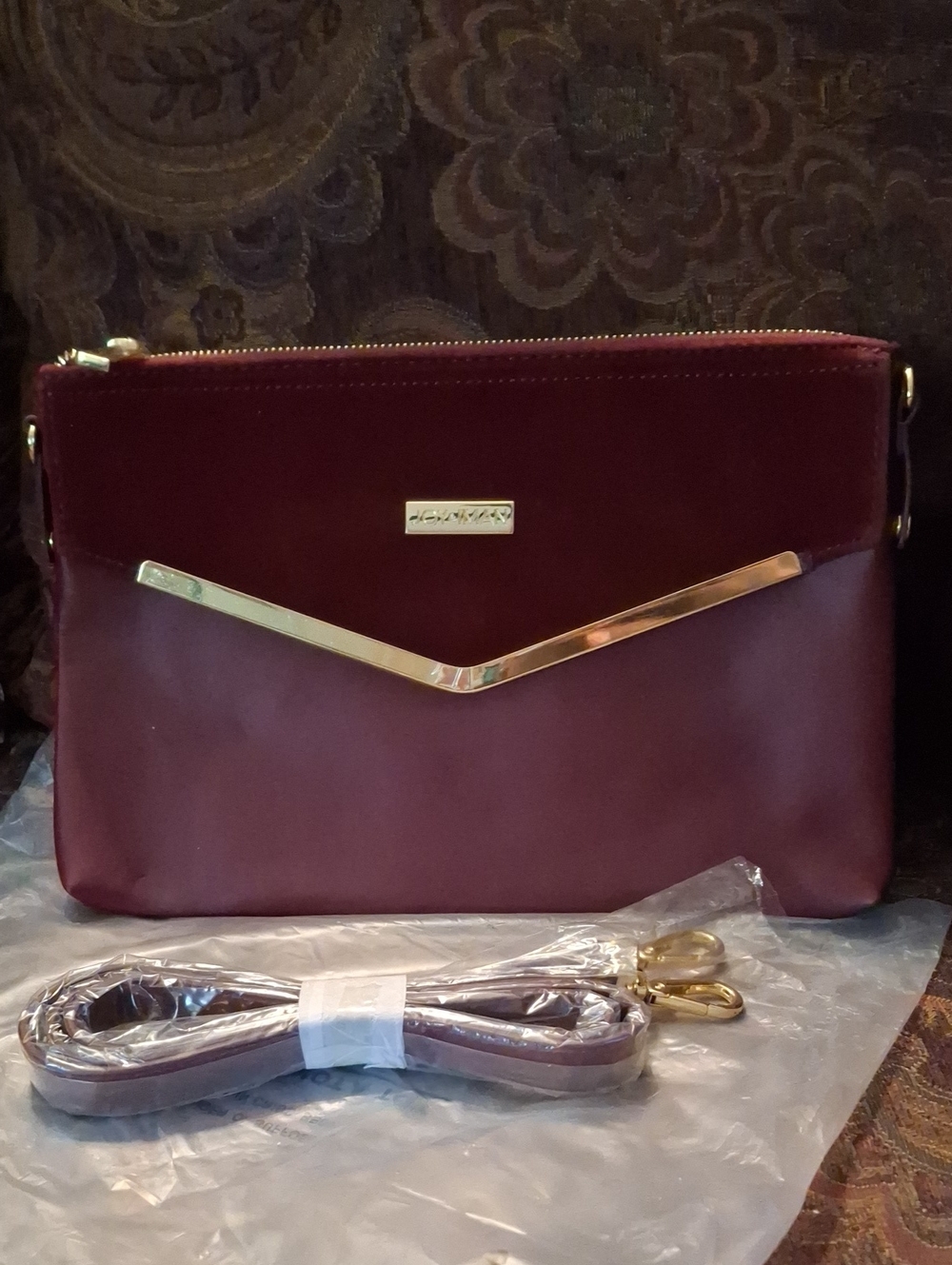 Joy & Iman Burgundy Crossbody Bag with Gold Logo Plate